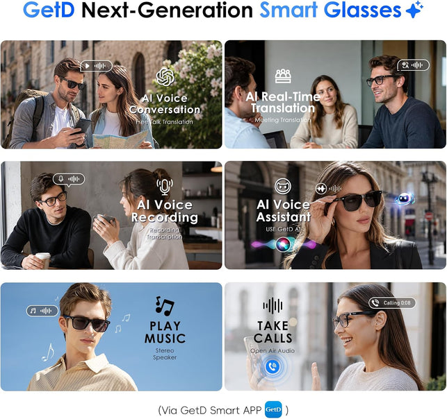 Getd AI Glasses, Smart Glasses Powered by Chatgpt, Real-Time AI Translation | Photochromic Lens, AI Translation in 145 Languages, Hands‑Free Calls, Immersive Audio, Holds AI Conversations