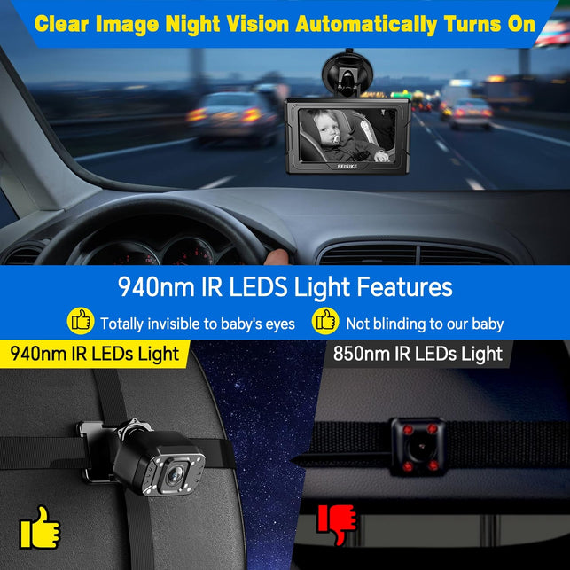 FEISIKE Baby Car Camera HD 1080P with Display, 4.3'' Back Seat Baby Car Camera Mirror for Crystal Infrared Night Vision, 360° Rotation & 149° Wide View, 3 Mins Easy Installation