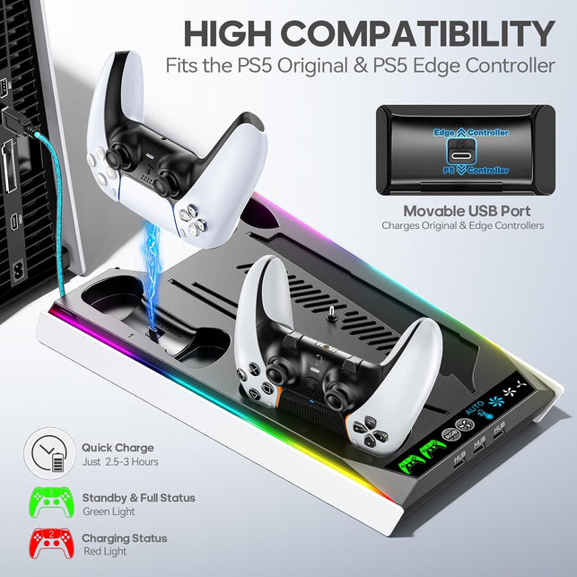 Ps5/Slim/Pro Stand for Disc & Digital Console, PS5 Cooling & Charging Station with RGB Lights, PS5 Controller Charger Built-In 3 Level & AUTO Adjustable Fan, Ps5/Slim/Pro Accessories Comes 3 USB Ports
