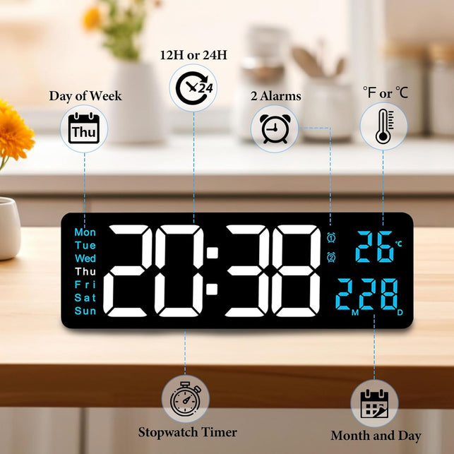 Oolong 16 Inch Large Digital Wall Clock,Led Display with Remote,8 RGB Ambient Light,10-Level Auto & Manual Dimmer,Countdown Timer,Temperature Date,12/24H for Living Room Bedroom Kitchen Seniors Kids