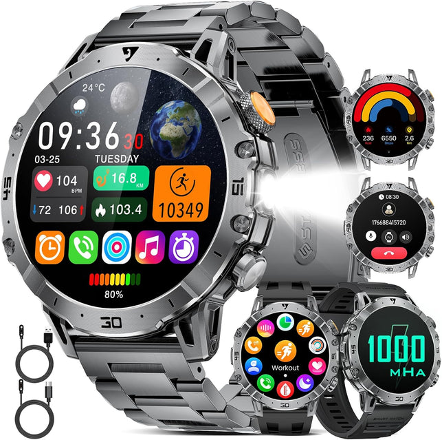 EF18 Military Smart Watch for Men, 1000 Mah Large Battery, 1.7″ HD Smartwatch with LED Flashlight/100+ Sport Modes Fitness Tracker, IP68 Waterproof Smart Watches for Android Ios (3 Straps)