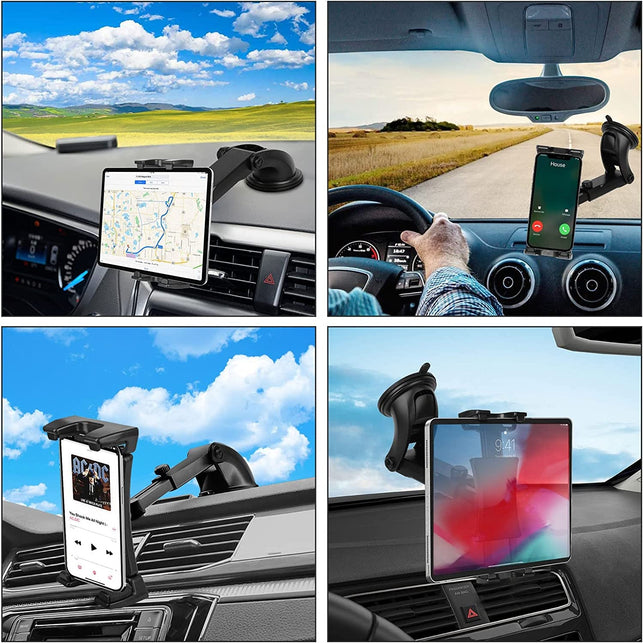 Car Dashboard & Windshield Tablet Mount Holder, 360° Rotation Window Dash Stand for Ipad Pro 12.9/11/10.5/9.7/Air/Mini, Samsung Galaxy Tab, 4.7-12.9" Tablets & Phone, TPU Suction Cup Sticky Gel & Pad