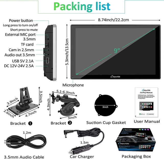 CARPURIDE 2022 Newest 9 Inches Portable Car Stereo, Wireless Apple Carplay & Android Auto, Deep Bass Loud Sound, Bluetooth 5.0 /Mirror Link/Gps/Siri/Fm/Google, Support Trucks RV Dashboard Mounted