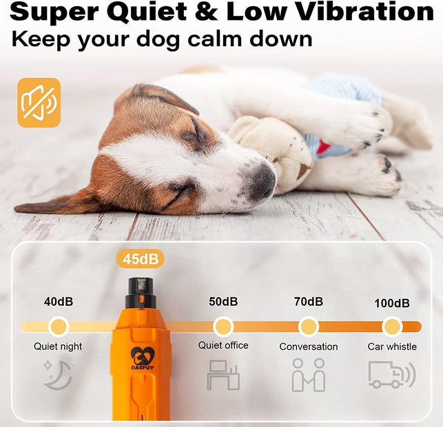 Casfuy 6-Speed Dog Nail Grinder - Newest Enhanced Pet Nail Grinder Super Quiet Rechargeable Electric Dog Nail Trimmer Painless Paws Grooming & Smoothing Tool for Large Medium Small Dogs (Orange)