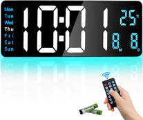 Oolong 16 Inch Large Digital Wall Clock,Led Display with Remote,8 RGB Ambient Light,10-Level Auto & Manual Dimmer,Countdown Timer,Temperature Date,12/24H for Living Room Bedroom Kitchen Seniors Kids