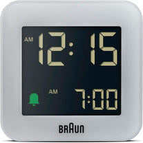 Braun Digital Travel Alarm Clock with Snooze, Compact Size, Negative LCD Display, Quick Set,Crescendo Beep Alarm in Grey, Model BC08G.
