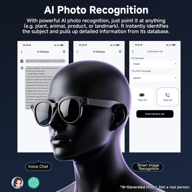 AI Smart Glasses with Camera, HD Bluetooth Camera Glasses with Audio, Video Recording Sunglasses for Women Men, Real Time Translation, Voice Assistant, Open Earbuds for Travel, Work Vlog