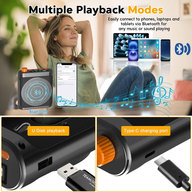 Voice Amplifier Wireless Microphone for Teachers/Classroom/Yoga/Meeting,Portable Bluetooth Speaker with 2Pcs Clip-On Magnetic Wireless Lavalier Lapel Microphones Mini Megaphone Speaker PA System Black