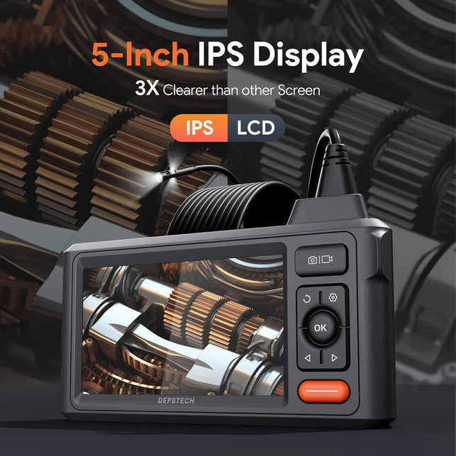 DEPSTECH 50Ft Sewer Camera, 1080P HD Triple Lens Borescope, 5" IPS Screen Endoscope with Light, IP67 Waterproof Plumbing Drain Pipe Snake Inspection Camera with 32G Card, Carry Case