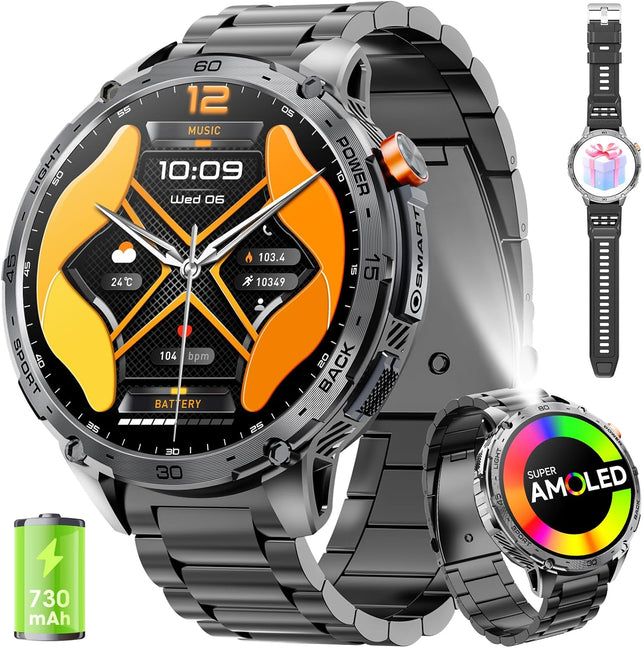 Military Smart Watch for Men 1.75" HD AMOLED Display 730Mah Battery Smart Watches with LED Flashlight for Android Ios（Bluetooth Call Answer/Dial Calls） Fitness Tracker Black Steel Strip