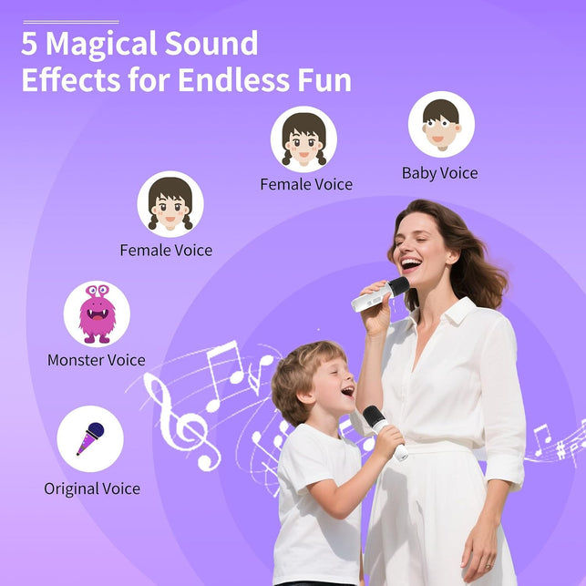 Mini Karaoke Machine for Kids Adults, Portable Bluetooth Microphone Singing Speaker Karaoke Player 5 Sound Effects with 2 Wireless Mic and Stand Birthday Gifts for Girls Boys Family Home Party