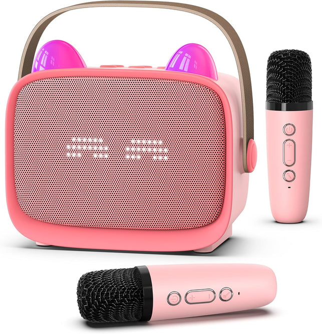 Mgaolo Upgraded Mini Karaoke Machine Toy for Kids, Portable Bluetooth Speaker with 2 Wireless Mics, Emoji & Colorful LED Lights, Home Travel & Party Play Gifts for Boys Girls (Pink)