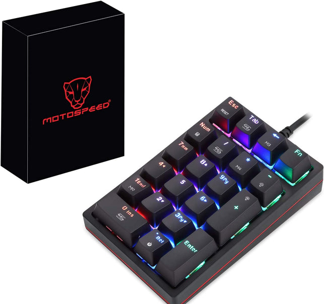 MOTOSPEED Macro Mechanical Numeric Keypad USB Wired 21 Keys Mini Numpad Portable Keypad RGB Backlight Gaming Keypad Extended Layout for Cashier(Fully Programmable Keys)