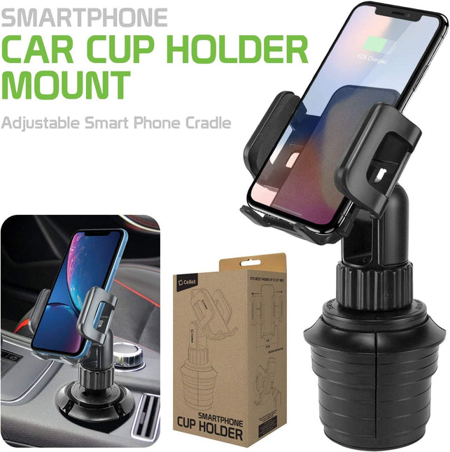 Cellet Car Cup Holder Phone Mount, Phone Holder Mount Cradle Universal Adjustable Compatible for All Smartphones Apple Iphone, Samsung Galaxy Note, LG, Moto Google Pixel (Regular Neck)