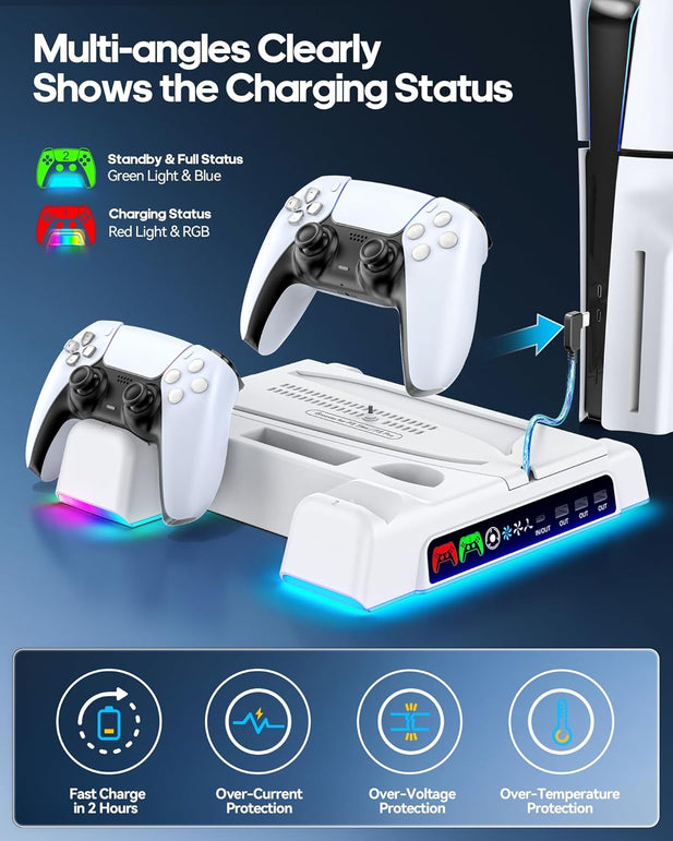 Cooling Stand for PS5/ Slim/Pro Disc & Digital Console, PS5 Cooling Station with Dual Controller Charging Station for Playstation 5 Console, 3-Level Cooling Fan & Playstation Vita Games