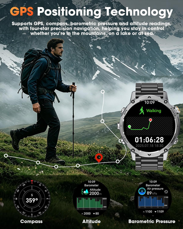 GPS Smart Watch for Men, 100-Day Battery, Bluetooth Call with Flashlight