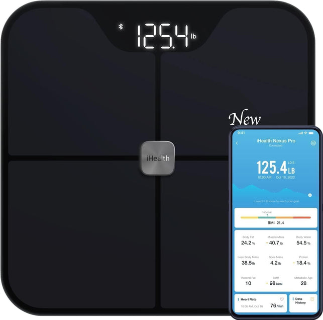 Ihealth Nexus PRO Digital Bathroom Scale for Body Weight and Composition Health Analyzer with Smart Bluetooth APP to Monitor Body Fat, BMI, Muscle Mass, and More, Weighing up to 400 Lbs - Black