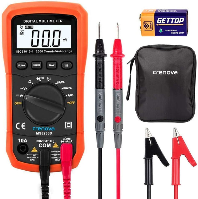 Crenova MS8233D Auto-Ranging Digital Multimeter Home Measuring Tools with Backlight LCD Display (Orange)