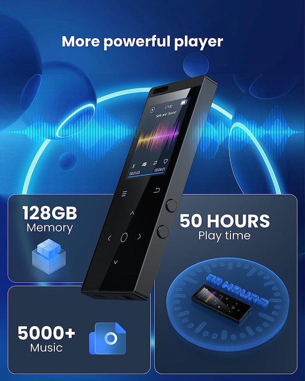 128GB MP3 Player - Music Player with Bluetooth 5.2 Hifi Sound Shuffle Single Loop FM Radio Built-In HD Speaker Voice Recorder Mini Design Ideal for Sport (Earphones Included)