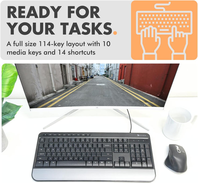 X9 Wired Keyboard - Comfortable Typing - Ergonomic Full Size USB Keyboard with Wrist Rest, Number Pad, Multimedia and 114 Keys - External Computer Keyboard for Laptop, Desktop and Office PC