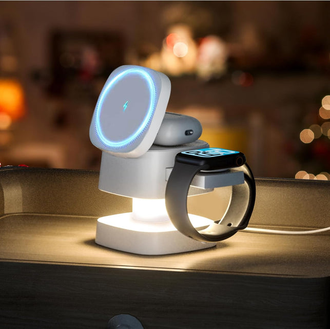 【2026 Upgraded】4 in 1 Wireless Charger, 3 in 1 Wireless Charging Station with Night Light for Magsafe Charger, 15W Magnetic Travel Stand for Iphone17/Air/Pro/Max/16/15/14/13/12, Apple Iwatch, Airpods