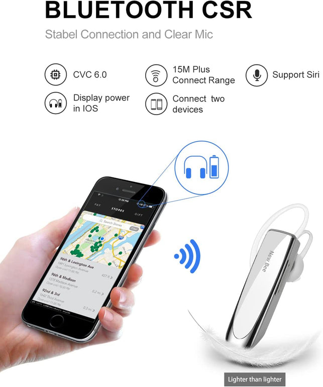 New Bee Bluetooth Earpiece V5.0 Wireless Handsfree Headset 24 Hrs Driving Headset 60 Days Standby Time with Noise Cancelling Mic Headsetcase for Iphone Android Laptop Truck Driver, White