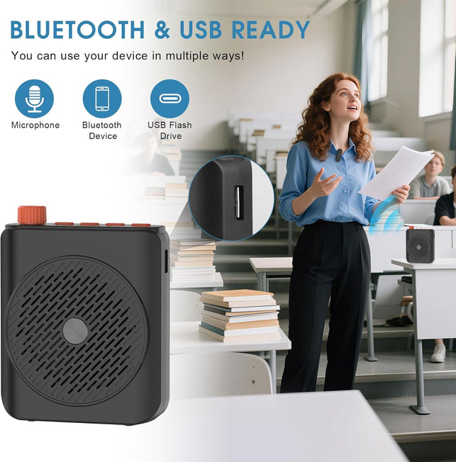 Dual Wireless Microphone Voice Amplifier for Teachers with Magnetic Charging, 15W 15-Hour Portable Speaker - Mini PA System for Classroom, Training, Tour Guides, Yoga, Outdoor (Black)