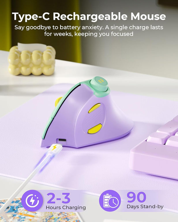 Seenda Ergonomic Mouse Rechargeable, Vertical Wireless Mouse with Volume Knob, Quiet Clicks, 3 Device Connection (Bluetooth or USB), Optical Mice for Windows, Pc/Mac- Purple