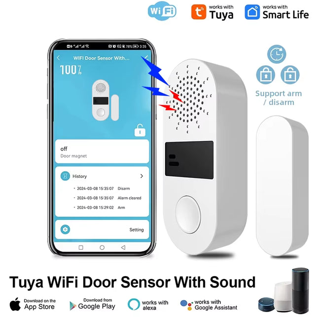 iHseno Tuya Wifi Door Window Sensor Sound and Light Alarm Home Security Wireless Magnetic Anti-Theft Smart Voice Control Protection