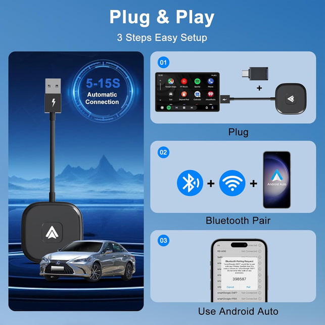 Android Auto Wireless Adapter,Wireless Android Auto Car Adapter/Dongle Plug and Play for Factory Wired Android Auto in All Cars - Low Latency and Easy to Install