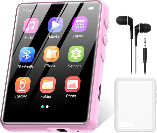 128GB MP3 Player with Bluetooth 5.4 - SWOFY M4 Portable Music Player with Hifi Speaker, 2.4" Touch Screen with Voice Recorder, FM Radio,E-Book, Support up to 512GB SD Card Earphones Included Pink