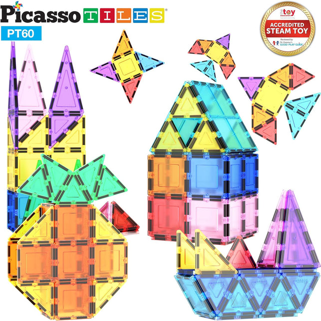 Picassotiles 60 Piece Set 60Pcs Magnet Building Tiles Clear Magnetic 3D Building Blocks Construction Playboards - Creativity beyond Imagination, Inspirational, Recreational, Educational, Conventional