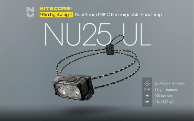 Nitecore NU25 400 UL Ultra Lightweight Headlamp, 400 Lumen USB-C Rechargeable with Lumentac Organizer for Back Packing, Camping and Running (Black)