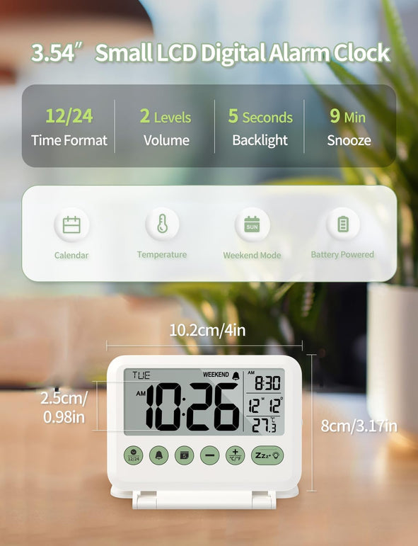 Digital Travel Alarm Clock - 3.54 Inch LCD Display, 9-Minute Snooze, 2 Volume Levels, Backlight, Battery Included (White)