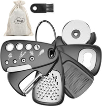 Pisol Kitchen Unique Gadgets Set 6 Pieces, Space Saving, Cheese Grater, Bottle Opener, Fruit Vegetable Peeler, Pizza Cutter, Garlic Ginger Grinder, Herb Stripper Gift Set