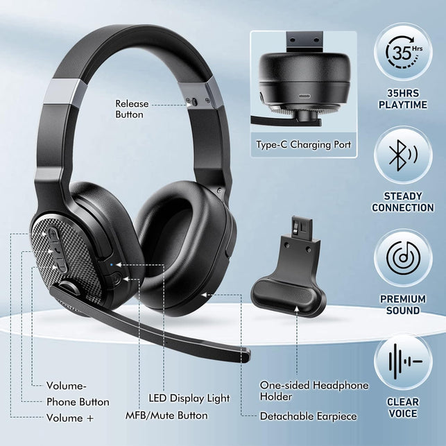 Trucker Bluetooth Headset, Wireless Headsets with Noise Cancelling Microphone, Long Battery Life Bluetooth Headphones with Detachable Earpad/Single+Dual Mode for Office/Driving/Home