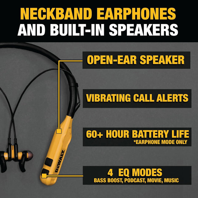 DEWALT 2-In-1 Neckband Bluetooth Headphones W/Built-In Speakers, Jobsite Wearable Speaker & around Neck Headphones, Wireless Bluetooth Headset, 60+ Hrs, Hands-Free Music & Calls, Carry Pouch Included