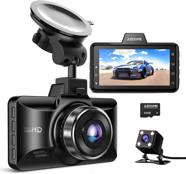 AZDOME Dual Dash Cam Front and Rear, 3 Inch 2.5D IPS Screen Free 64GB Card Car Driving Recorder, 1080P FHD Dashboard Camera, Waterproof Backup Camera Night Vision, Park Monitor, G-Sensor, for Car Taxi