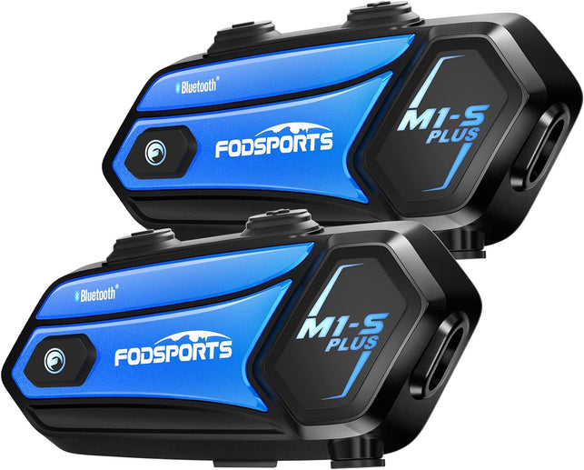 FODSPORTS M1-S plus Motorcycle Bluetooth Headset with Customized HRSQS Speakers, One-Click Pairing, Microphone Mute, FM, Helmet Intercom up to 10 Riders with Music Sharing, Wonderful Sound, 2 Pack