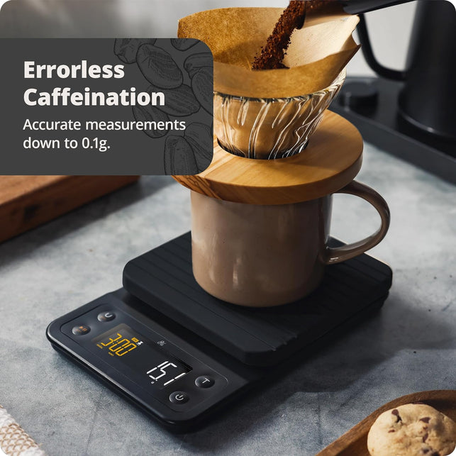 Greater Goods Digital Accurate Coffee Scale for Pour-Over Maker, with Timer for Great French Press and General Kitchen Use, Designed in St. Louis, (Onyx Black)