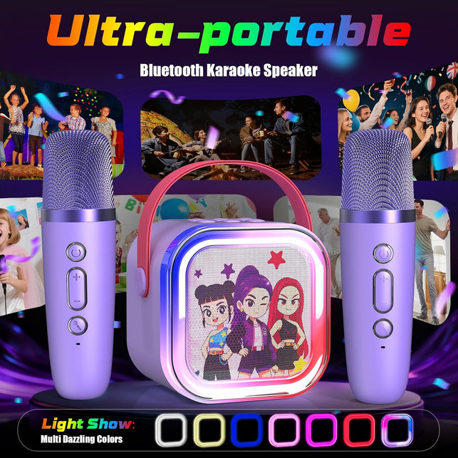 Mini Karaoke Machine for Kids Ages 3-12: Portable Bluetooth Speaker with 2 Wireless Microphone, LED Light Show for Kids 3 4 5 6 7 8 9 10 Year Old Girls Toys Birthday Gifts Toddler