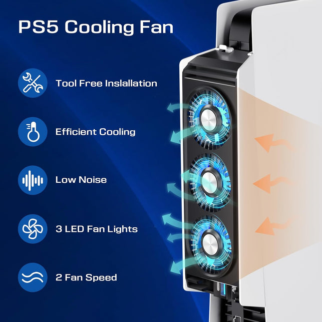 Honghao Cooling Fan for PS5 Accessories,With 3 Blue LED Light/ 2 USB 3.0 Ports / 2 Fan Speed,Compatible with Playstation 5 Console Digital/Cd Version, High Efficiency PS5 Cooler Station(Black)