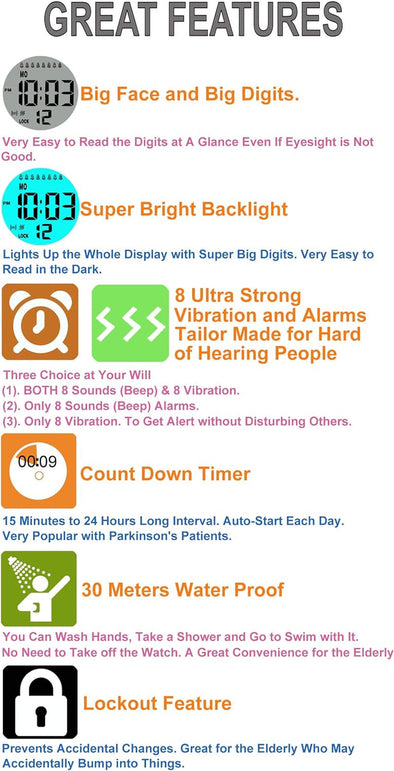 TICCI Men 8 Vibrating Alarms Watch Medication Aids Pill Vibra Alert Reminders for Elderly Seniors Big Digits Waterproof