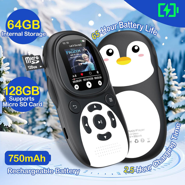 64GB Kids MP3 Player with Bluetooth 5.3, Cute Penguin, Speaker