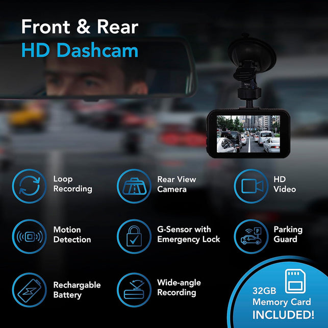 Autosky Dash Cam Front and Rear - Dash Camera for Cars Mini Dash Cam Full HD with 32GB Memory Card, 3 Inch IPS Screen, Accident Lock, Loop Recording, Parking Monitor, Motion Detection