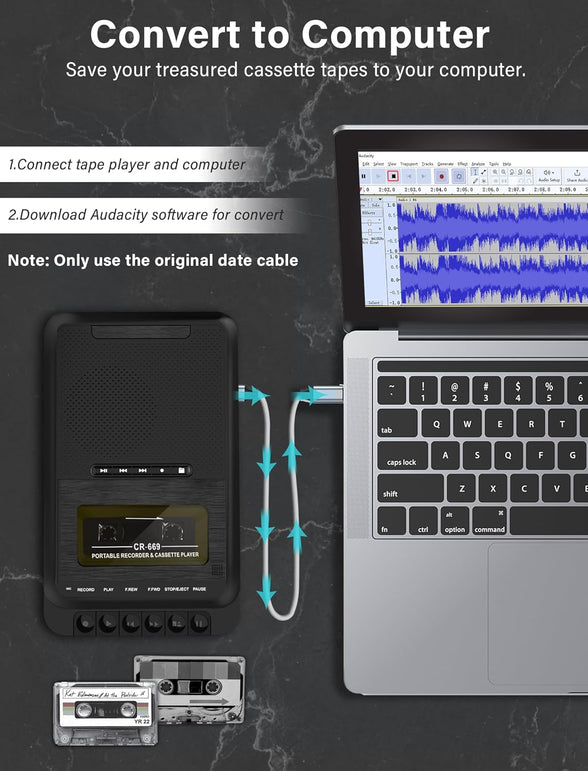 Gracioso Cassette Player Converter, Portable Cassette to MP3 Music via U Disk/Sd Card or PC, Record to Cassettes/Usb/Sd Card via Mic,Cassette Tape Player with Headphone Jack,Retractable Handle