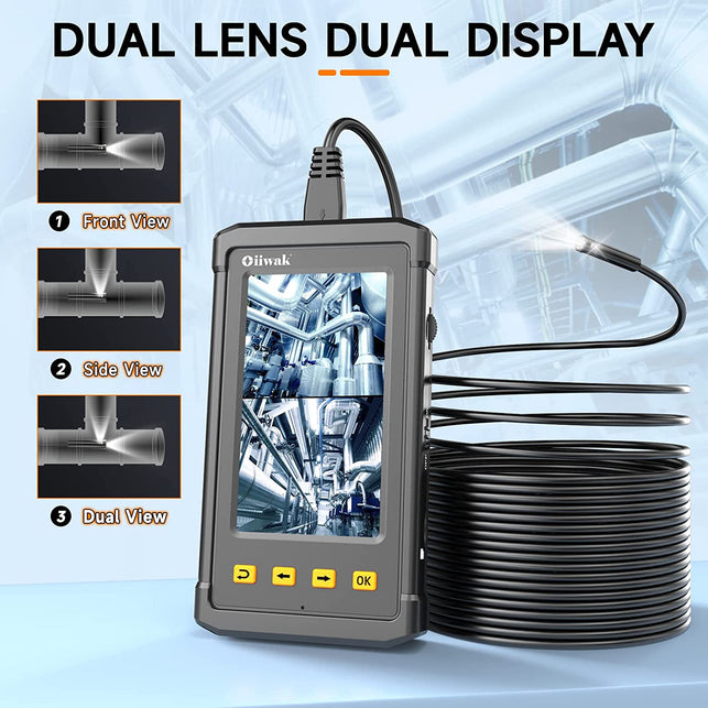 50Ft Dual-Lens Endoscope Borescope, Oiiwak Sewer Inspection Camera with 4.3” IPS Screen, IP68 Waterproof Snake Pipe Drain Scope Camera with 7 Lights,32Gb Card,Semi-Rigid Cable