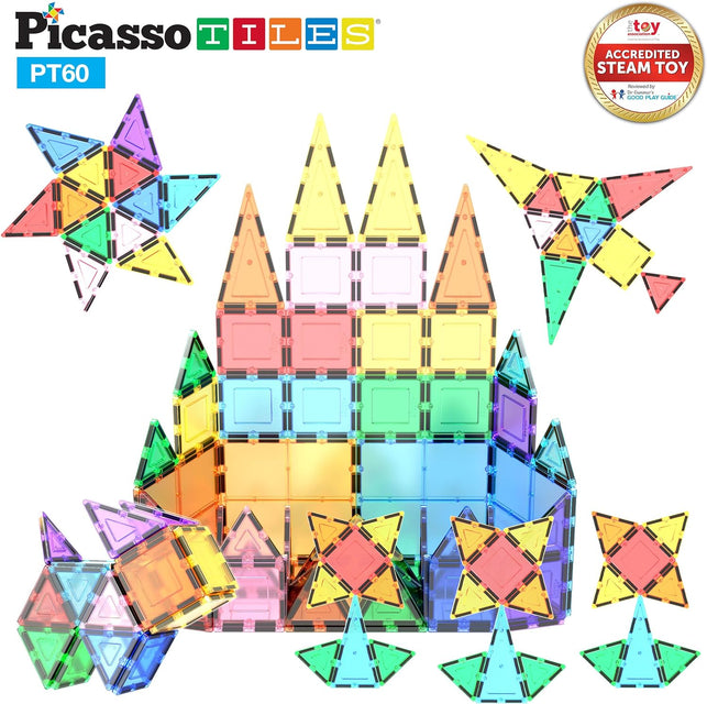 Picassotiles 60 Piece Set 60Pcs Magnet Building Tiles Clear Magnetic 3D Building Blocks Construction Playboards - Creativity beyond Imagination, Inspirational, Recreational, Educational, Conventional