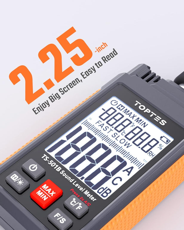 Decibel Meter, Toptes TS-501B Sound Level Meter with 2.25” Backlit LCD Screen, Portable SPL Tester with A/C Weighted, Range 30-130Db, MAX/MIN, Data Hold, Use for Home, Noisy Neighbor, Factory - Orange
