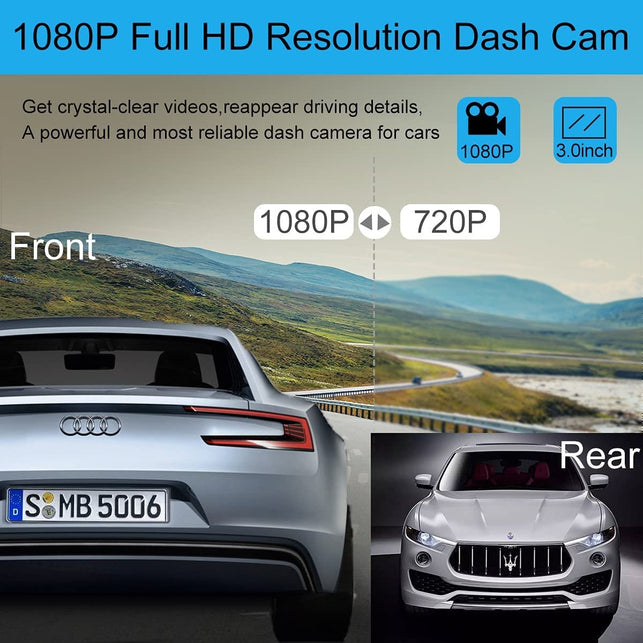 Dash Cam Front and Rear, Dash Camera for Cars 1080P Full HD Dual Dash Cam 3" IPS Screen in Car Camera Front and Rear Night Vision,170°Wide Angle Motion Detection Parking Monitor G-Sensor(With SD Card)